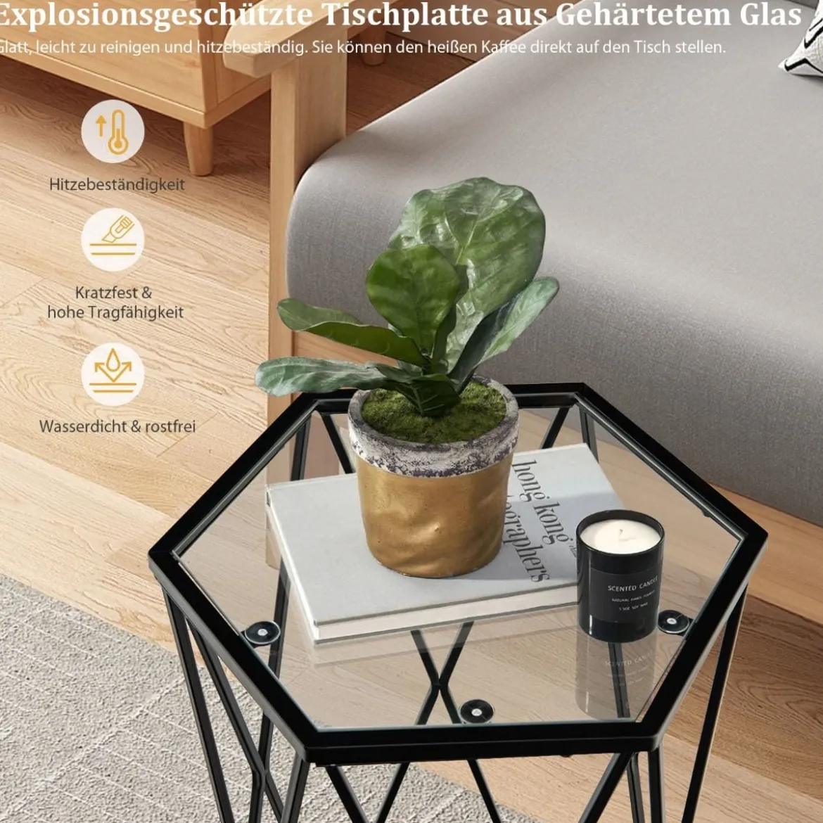 Beistelltisch Sechseckiger Couchtisch mit Metallrahmen & Tischplatte 40 x 34,5 x 60,5 cm Schwarz