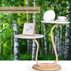 Beistelltisch Sofatisch Rund Nachttisch Kaffeetisch Weiß und Natur Birkenholz