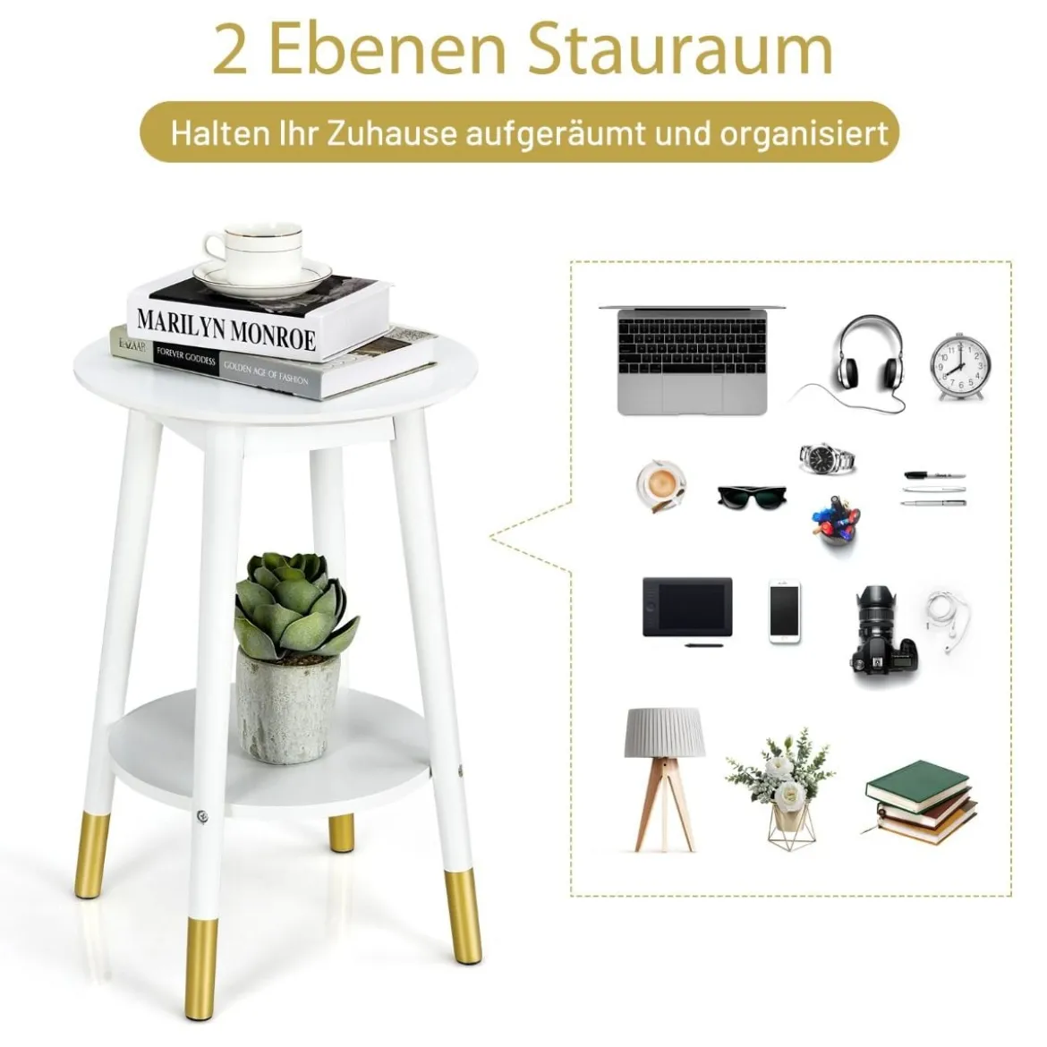 Beistelltisch 2-stufiger Beistelltisch mit Ablagefläche runder Beistelltisch 46 x 46 x 61 cm Weiß