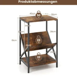 Beistelltisch 3-stufiger mit V-förmigem Zeitschriftenhalter 40 x 30 x 61 cm Rustikales Braun