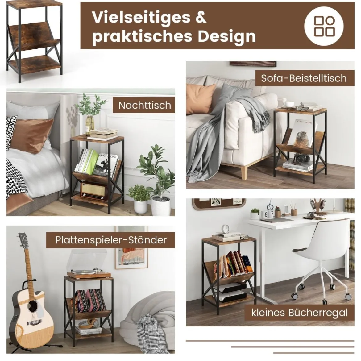 Beistelltisch 3-stufiger mit V-förmigem Zeitschriftenhalter 40 x 30 x 61 cm Rustikales Braun
