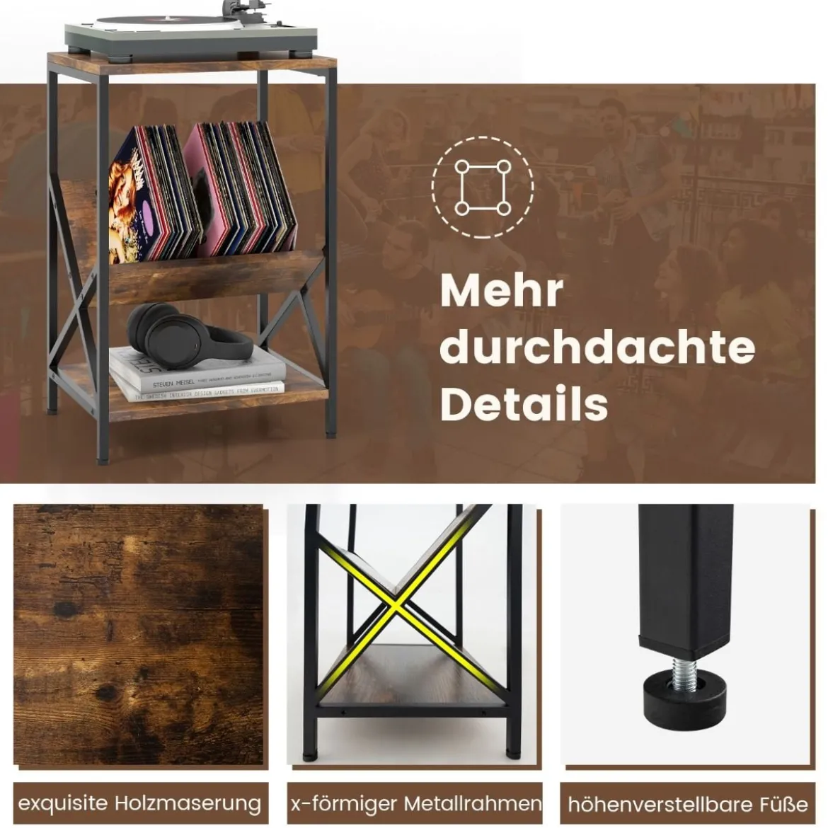 Beistelltisch 3-stufiger mit V-förmigem Zeitschriftenhalter 40 x 30 x 61 cm Rustikales Braun
