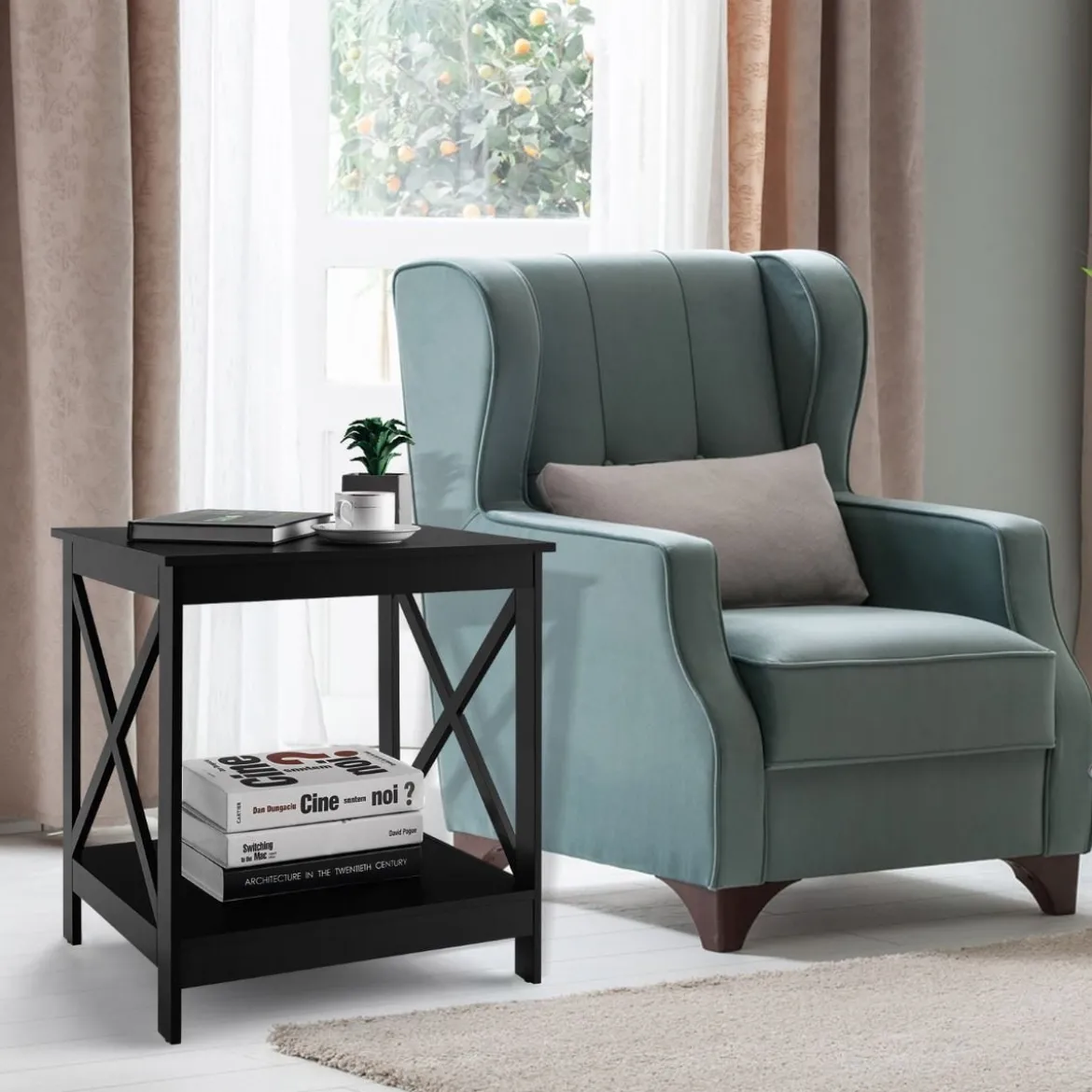 Beistelltisch 2-Stufiger Moderner Kaffeetisch Boden-Couchtisch mit X-förmigem Design Schwarz