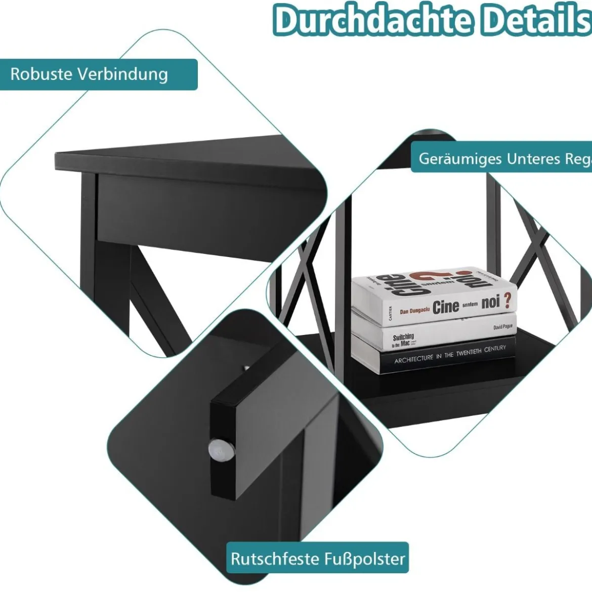 Beistelltisch 2-Stufiger Moderner Kaffeetisch Boden-Couchtisch mit X-förmigem Design Schwarz