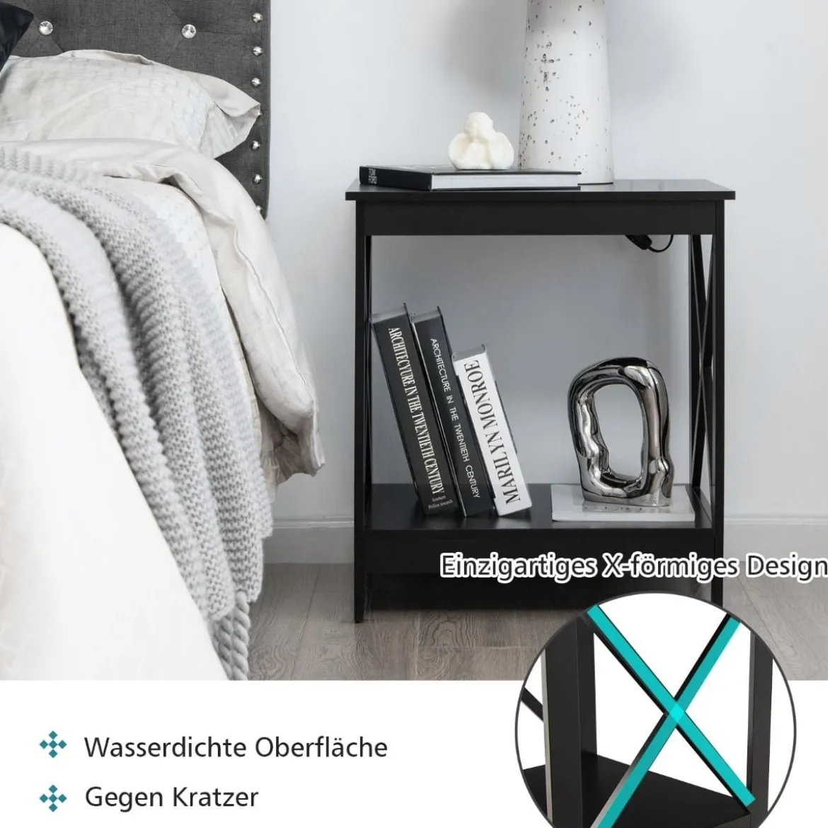 Beistelltisch 2-Stufiger Moderner Kaffeetisch Boden-Couchtisch mit X-förmigem Design Schwarz