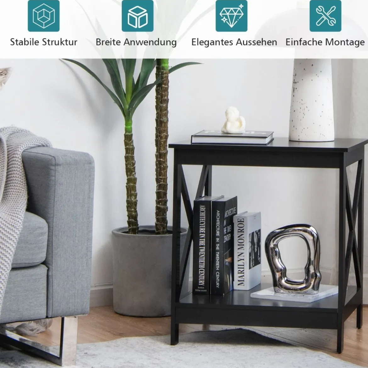 Beistelltisch 2-Stufiger Moderner Kaffeetisch Boden-Couchtisch mit X-förmigem Design Schwarz