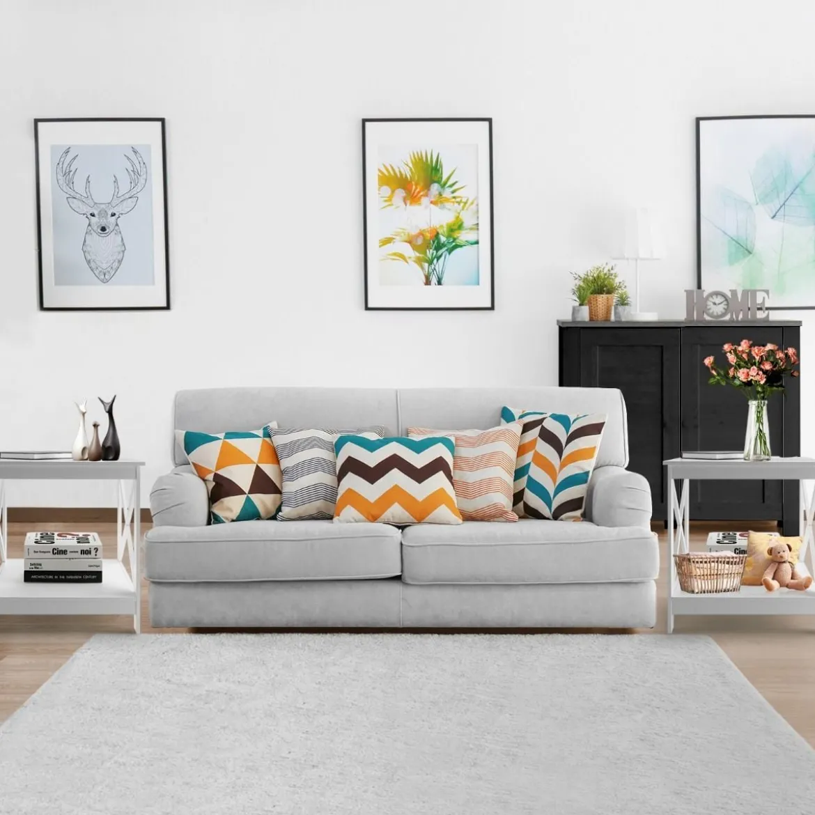 Beistelltisch 2-Stufiger Moderner Kaffeetisch Boden-Couchtisch mit X-förmigem Design Weiß
