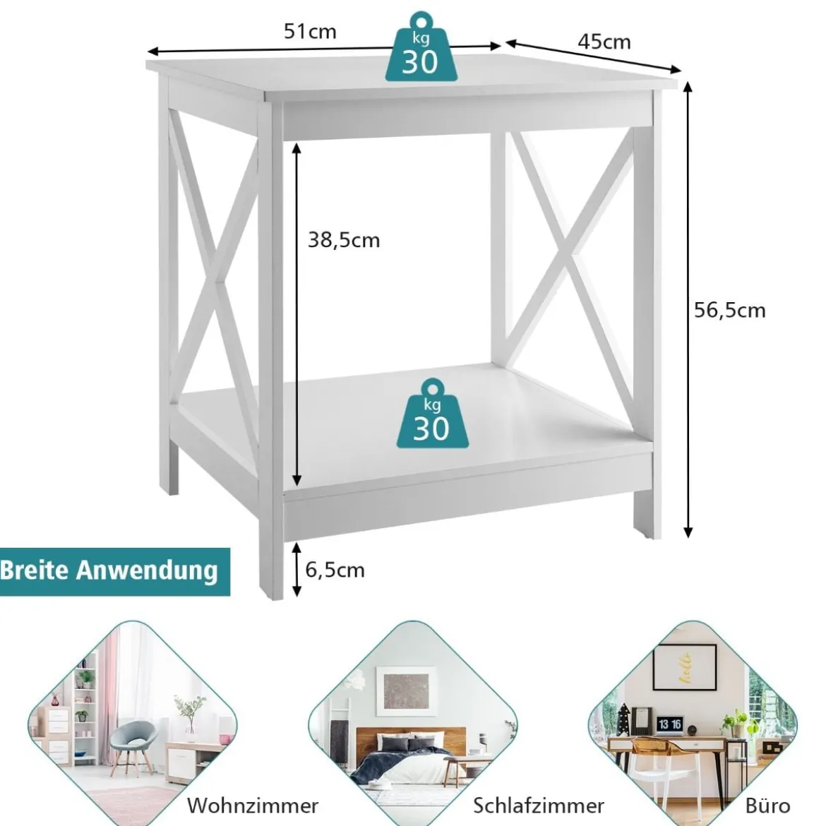 Beistelltisch 2-Stufiger Moderner Kaffeetisch Boden-Couchtisch mit X-förmigem Design Weiß