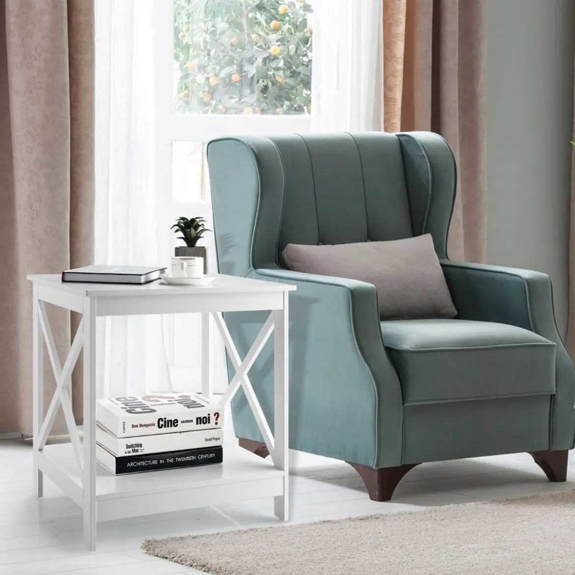 Beistelltisch 2-Stufiger Moderner Kaffeetisch Boden-Couchtisch mit X-förmigem Design Weiß