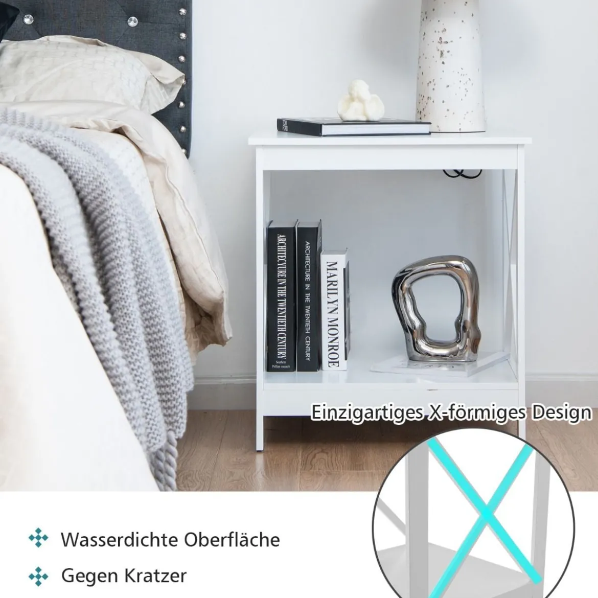 Beistelltisch 2-Stufiger Moderner Kaffeetisch Boden-Couchtisch mit X-förmigem Design Weiß