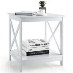 Beistelltisch 2-Stufiger Moderner Kaffeetisch Boden-Couchtisch mit X-förmigem Design Weiß