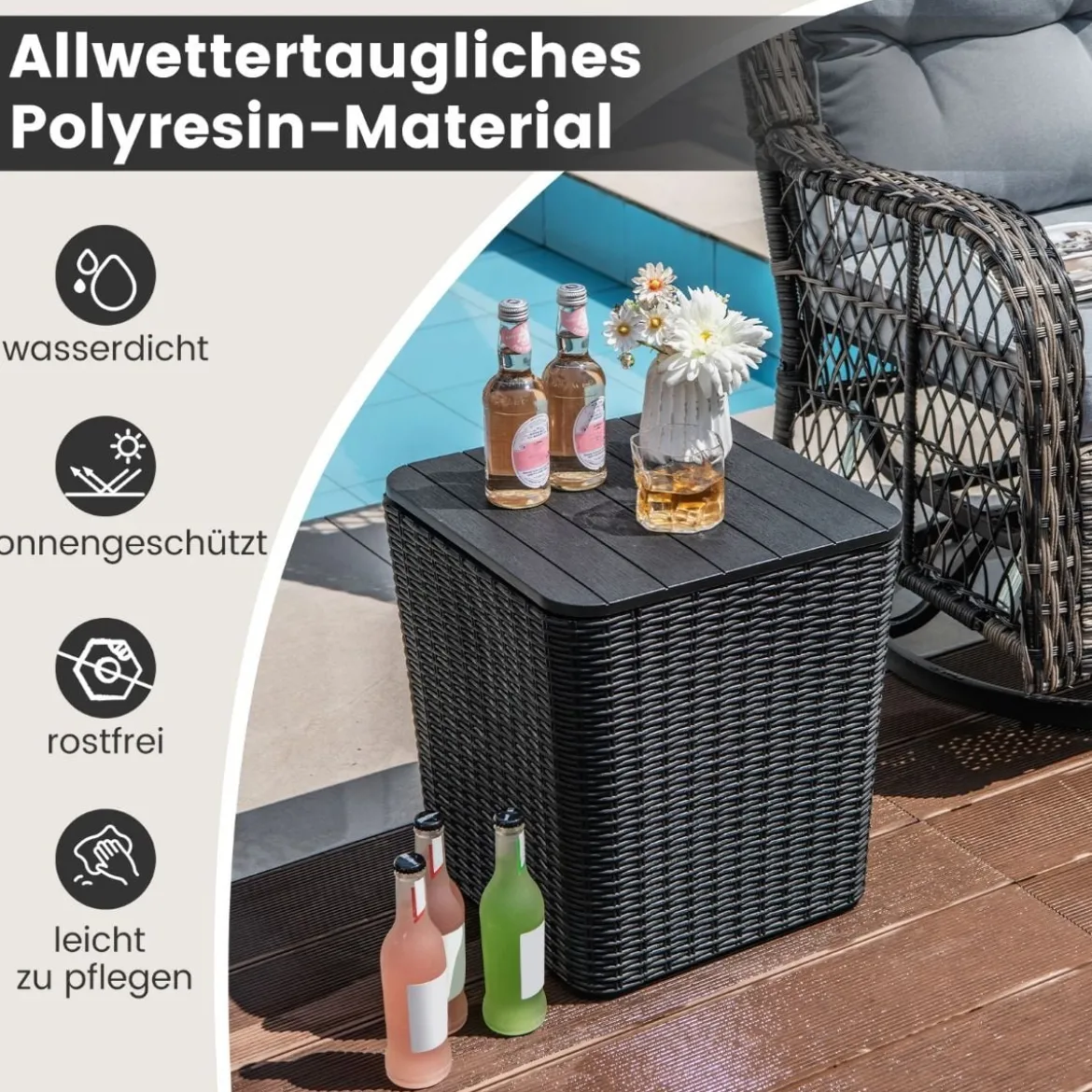 Beistelltisch wetterfest Sitzhocker mit abnehmbarem Deckel und Stauraum 38,5 x 38,5 x 42,5 cm Schwarz
