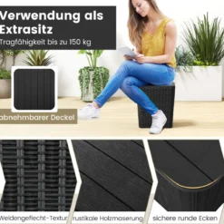 Beistelltisch wetterfest Sitzhocker mit abnehmbarem Deckel und Stauraum 38,5 x 38,5 x 42,5 cm Schwarz