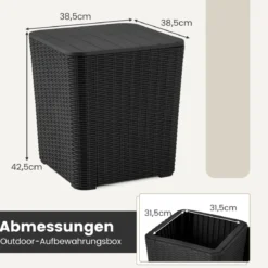 Beistelltisch wetterfest Sitzhocker mit abnehmbarem Deckel und Stauraum 38,5 x 38,5 x 42,5 cm Schwarz