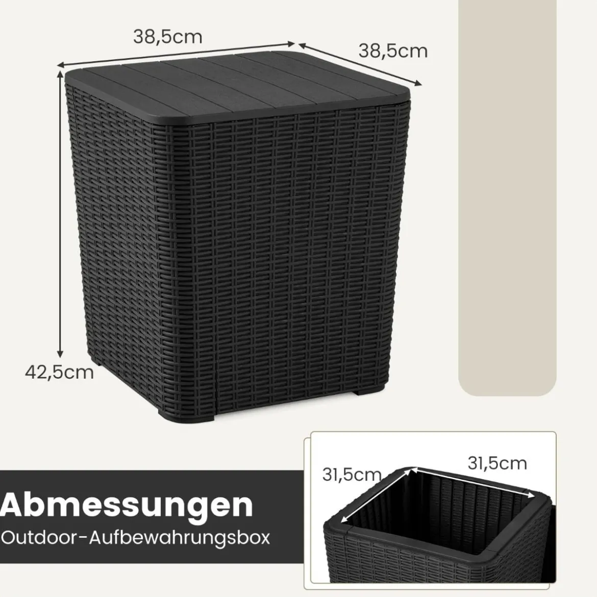 Beistelltisch wetterfest Sitzhocker mit abnehmbarem Deckel und Stauraum 38,5 x 38,5 x 42,5 cm Schwarz