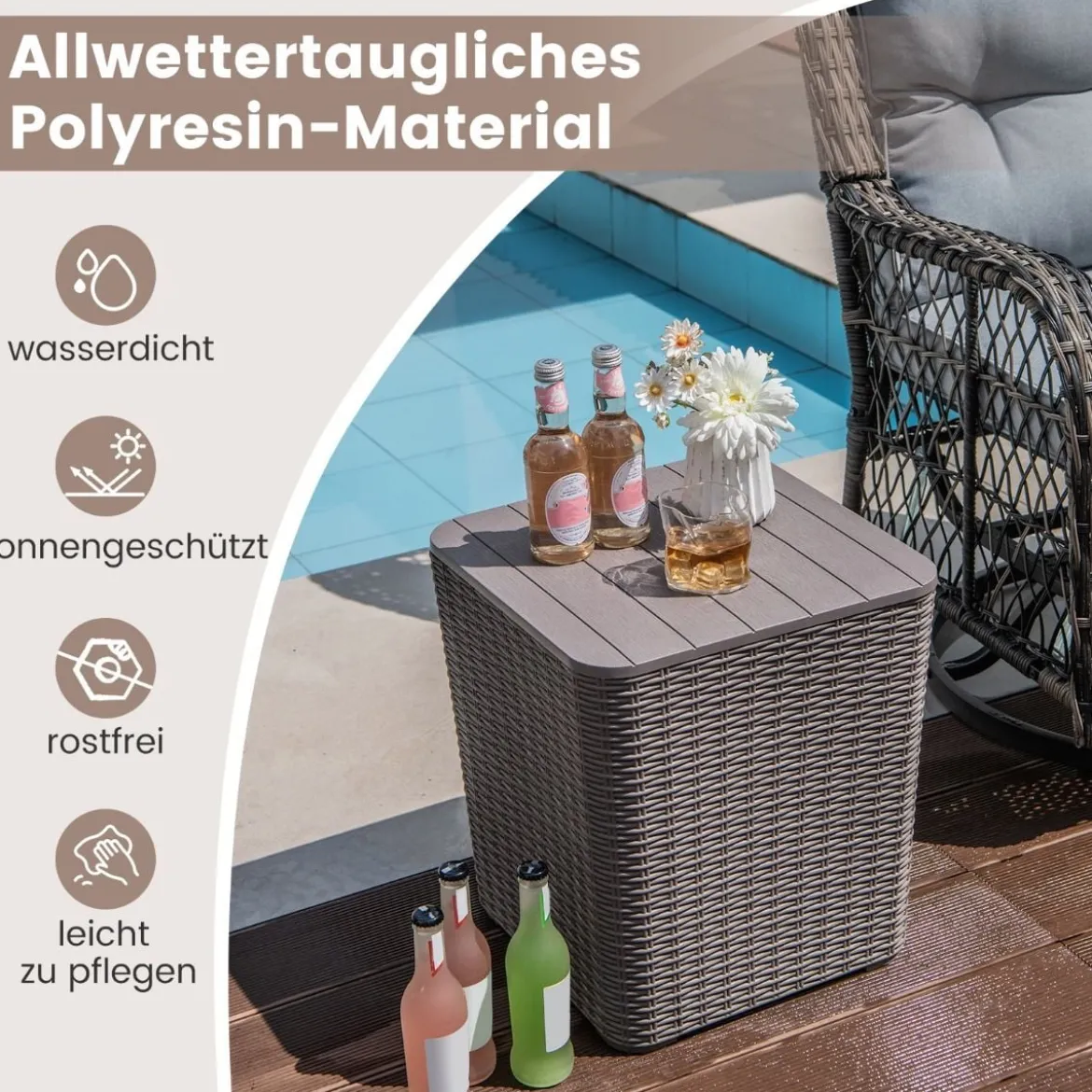 Beistelltisch wetterfest Sitzhocker mit abnehmbarem Deckel und Stauraum 38,5 x 38,5 x 42,5 cm Braun