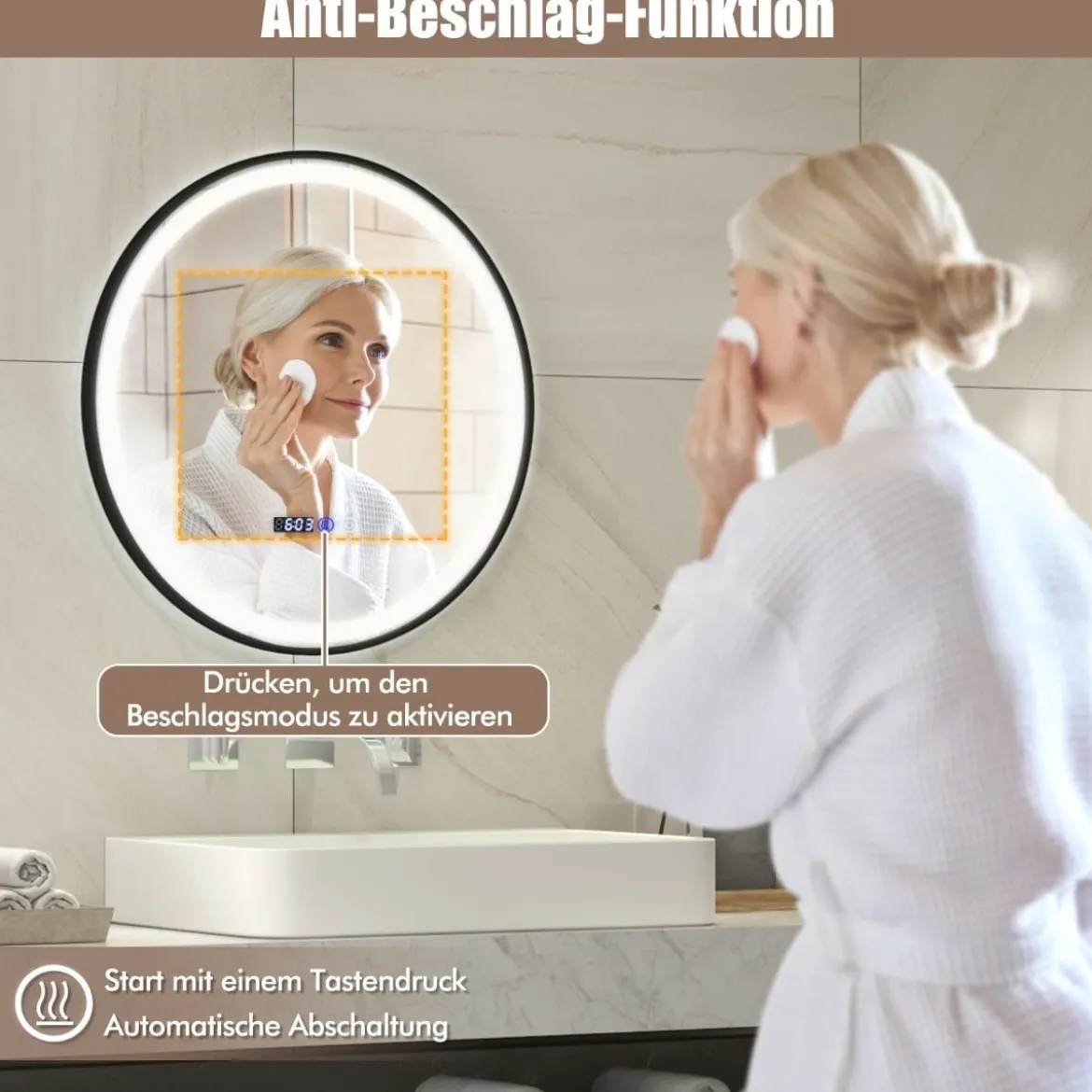 Beleuchteter Badezimmerspiegel mit 3-farbigem LED-Licht & Memory-Funktion & Antibeschlagfunktion