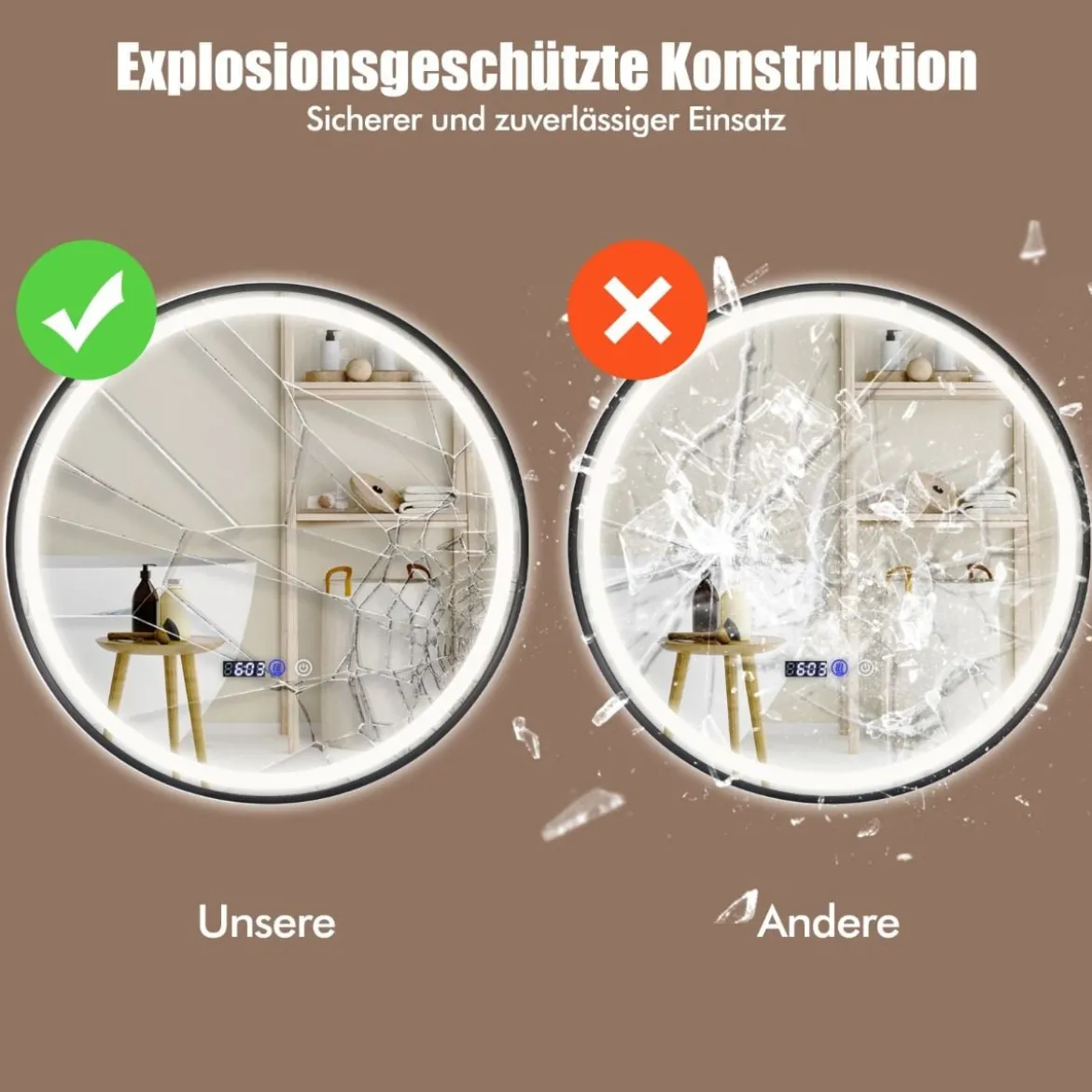 Beleuchteter Badezimmerspiegel mit 3-farbigem LED-Licht & Memory-Funktion & Antibeschlagfunktion