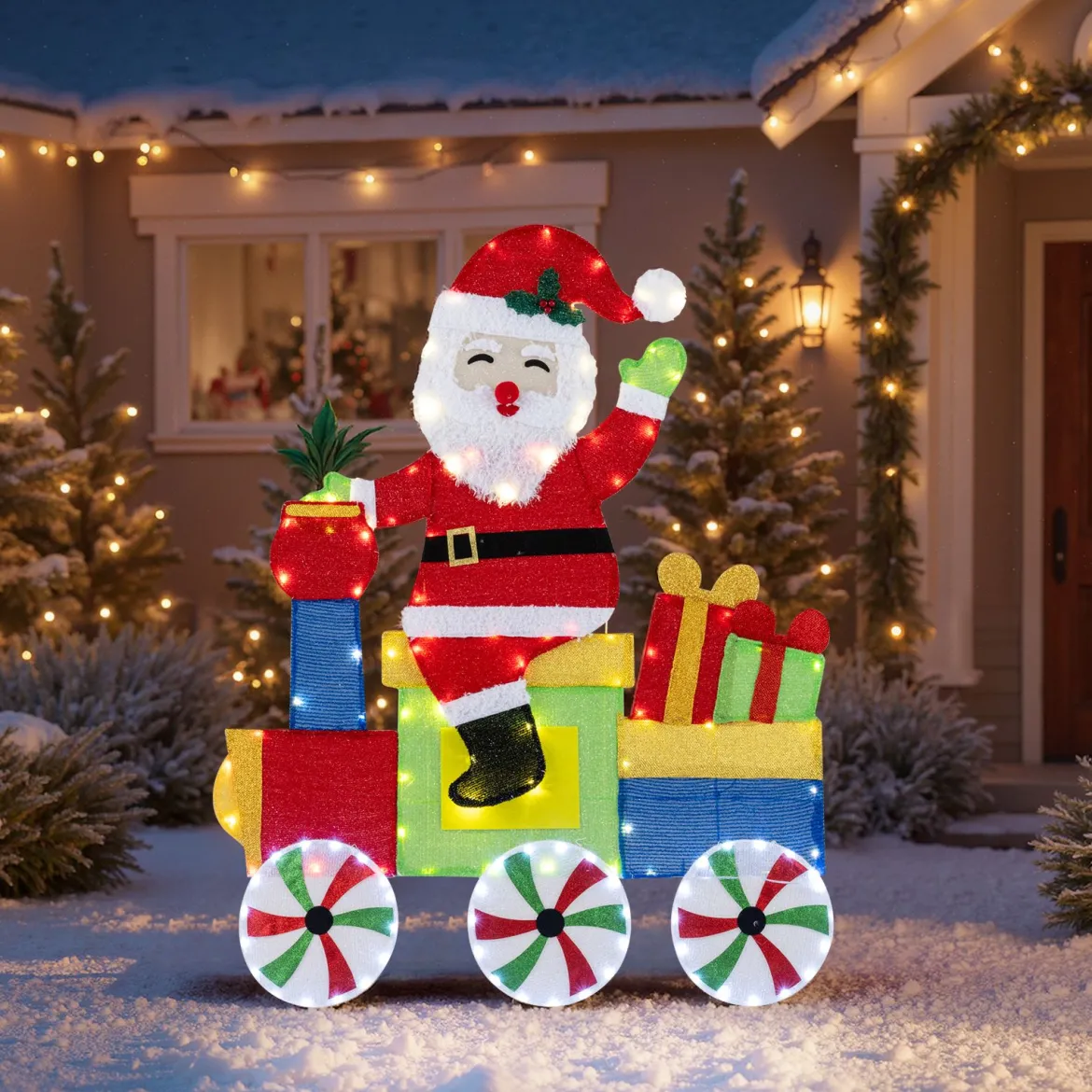 Beleuchteter 2D-Weihnachtsmann im Zug Weihnachtsdekoration mit LED-Lichtern & 2D-Lametta Weihnachtsdeko