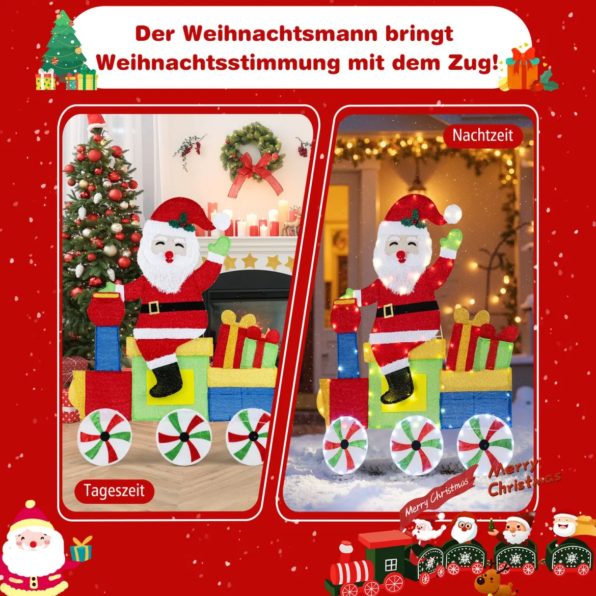 Beleuchteter 2D-Weihnachtsmann im Zug Weihnachtsdekoration mit LED-Lichtern & 2D-Lametta Weihnachtsdeko