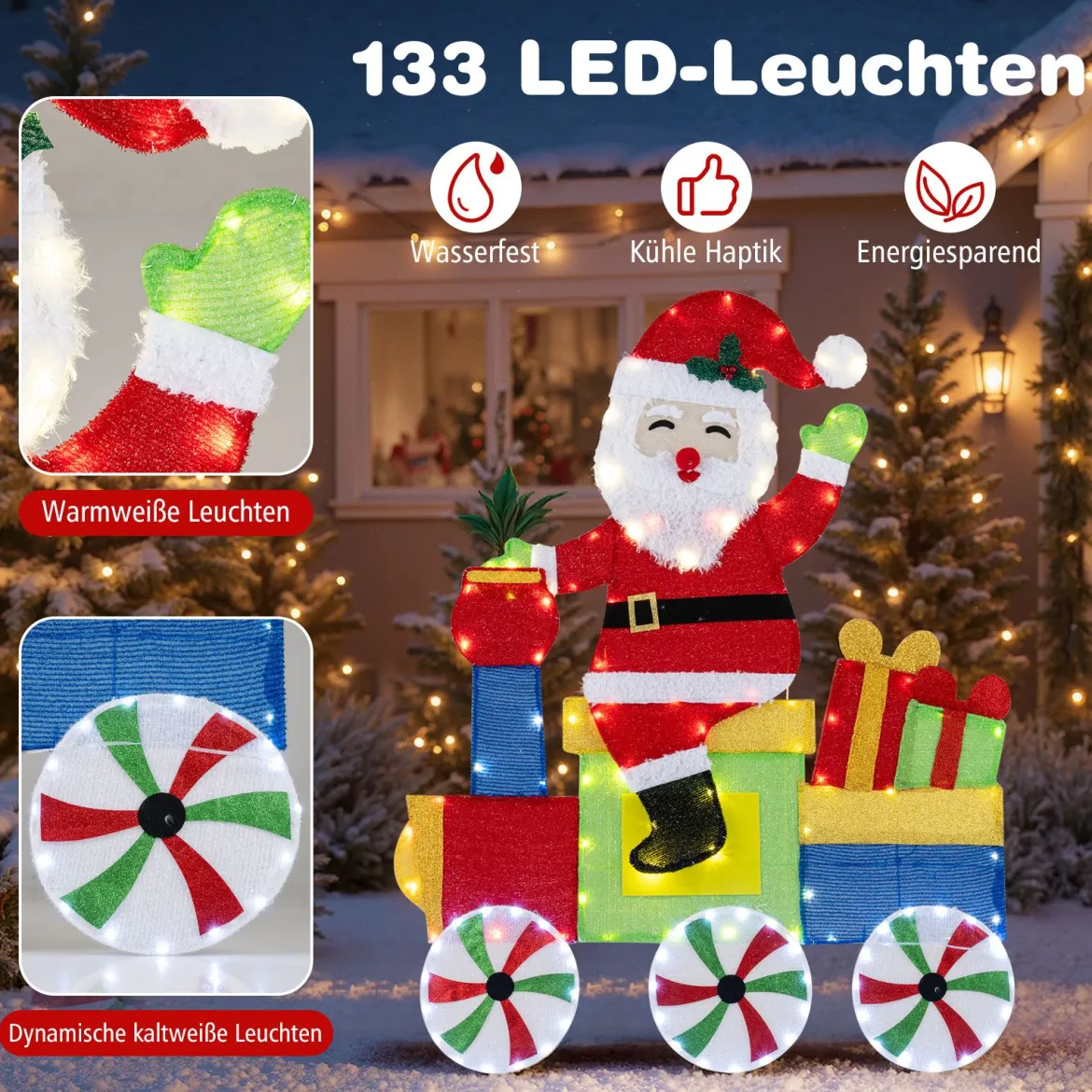 Beleuchteter 2D-Weihnachtsmann im Zug Weihnachtsdekoration mit LED-Lichtern & 2D-Lametta Weihnachtsdeko