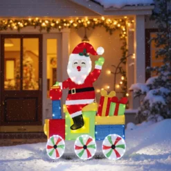 Beleuchteter 2D-Weihnachtsmann im Zug Weihnachtsdekoration mit LED-Lichtern & 2D-Lametta Weihnachtsdeko