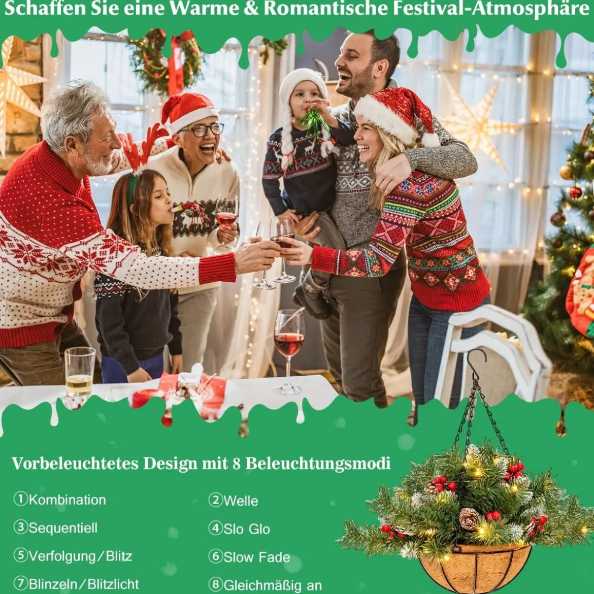 Beleuchteter künstlicher Weihnachts-Hängekorb Weihnachtsschmuck mit LED-Leuchten Ø40 x 45 cm Grün