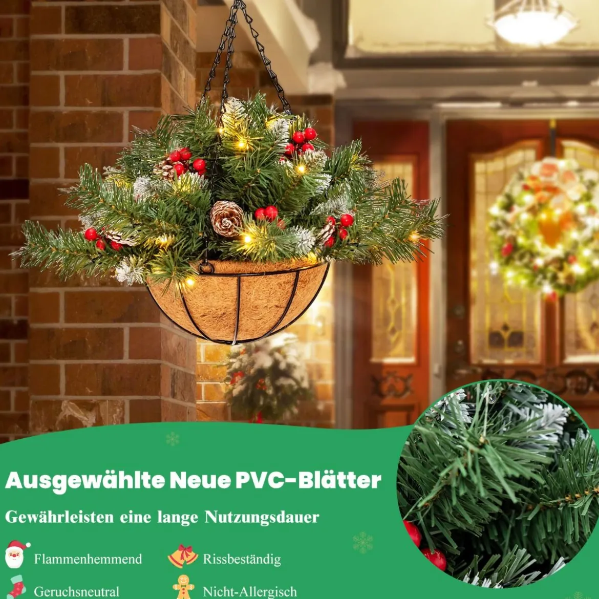 Beleuchteter künstlicher Weihnachts-Hängekorb Weihnachtsschmuck mit LED-Leuchten Ø40 x 45 cm Grün
