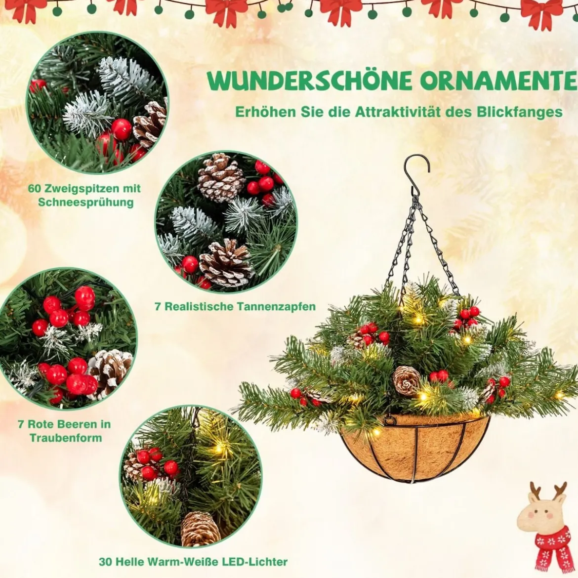 Beleuchteter künstlicher Weihnachts-Hängekorb Weihnachtsschmuck mit LED-Leuchten Ø40 x 45 cm Grün