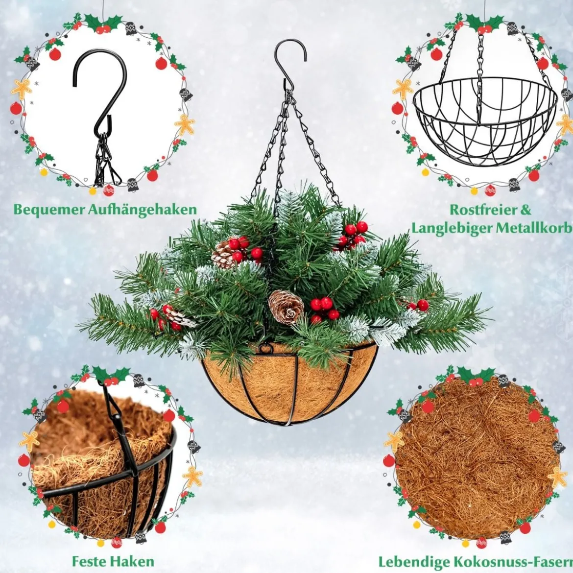 Beleuchteter künstlicher Weihnachts-Hängekorb Weihnachtsschmuck mit LED-Leuchten Ø40 x 45 cm Grün