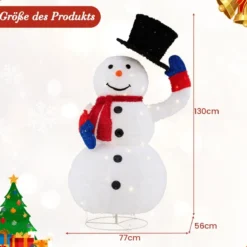 Beleuchteter LED Schneemann 130cm großer Weihnachtsfigur mit schwarzem Hut