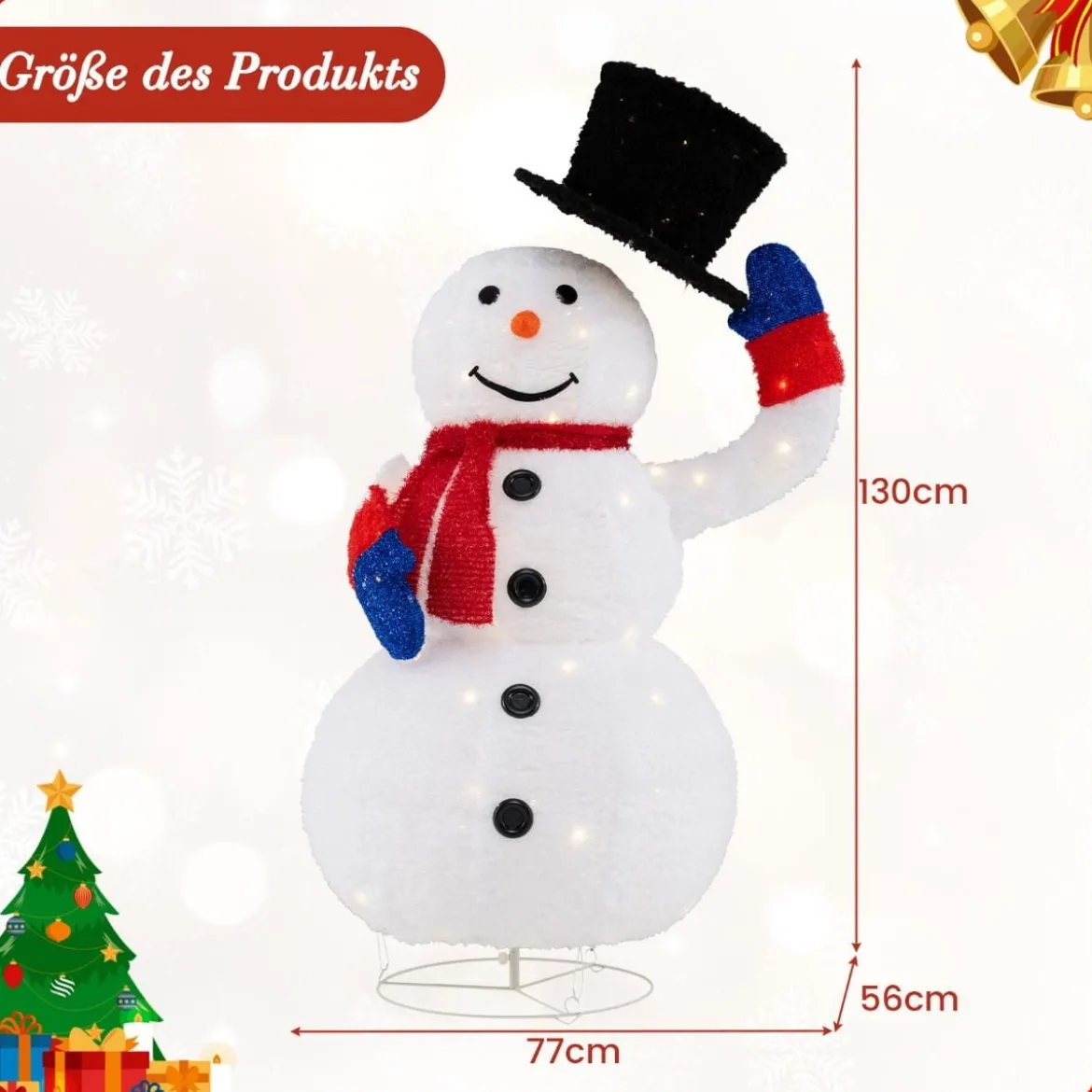 Beleuchteter LED Schneemann 130cm großer Weihnachtsfigur mit schwarzem Hut