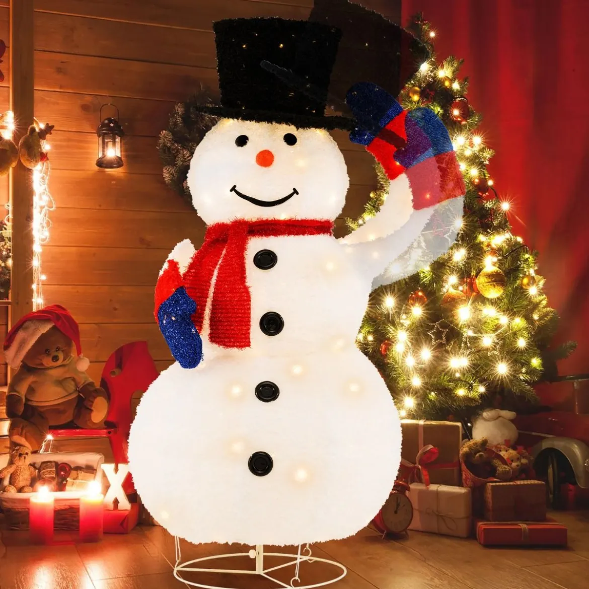 Beleuchteter LED Schneemann 130cm großer Weihnachtsfigur mit schwarzem Hut