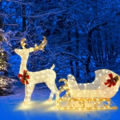 Beleuchteter Rentierschlitten mit 215 Warmweißen Glühbirnen Weihnachtsschlitten Festdekoration