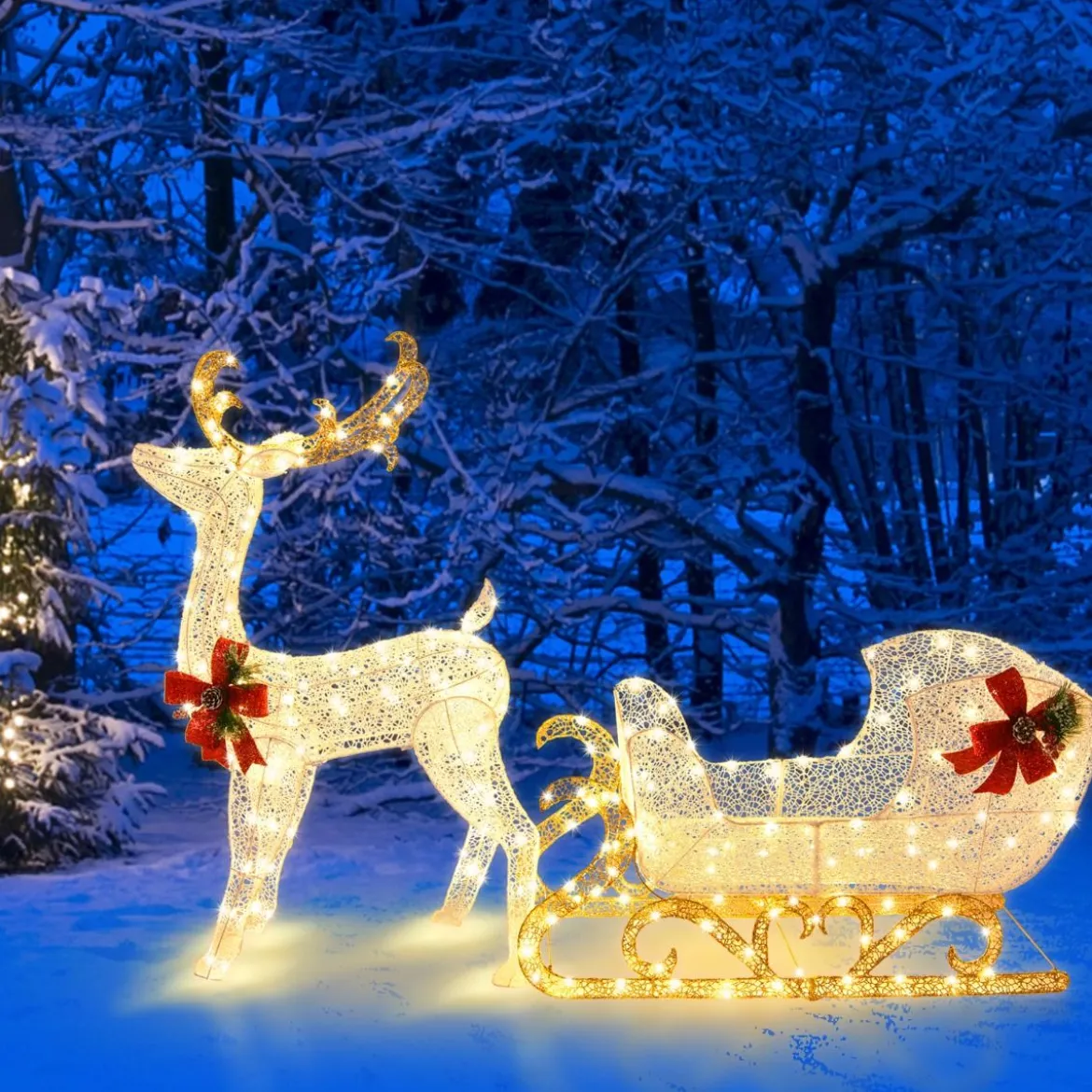 Beleuchteter Rentierschlitten mit 215 Warmweißen Glühbirnen Weihnachtsschlitten Festdekoration