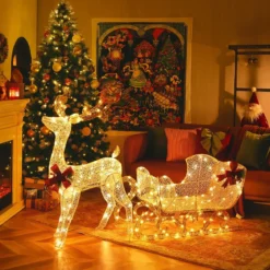 Beleuchteter Rentierschlitten mit 215 Warmweißen Glühbirnen Weihnachtsschlitten Festdekoration