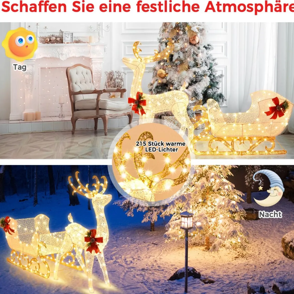 Beleuchteter Rentierschlitten mit 215 Warmweißen Glühbirnen Weihnachtsschlitten Festdekoration