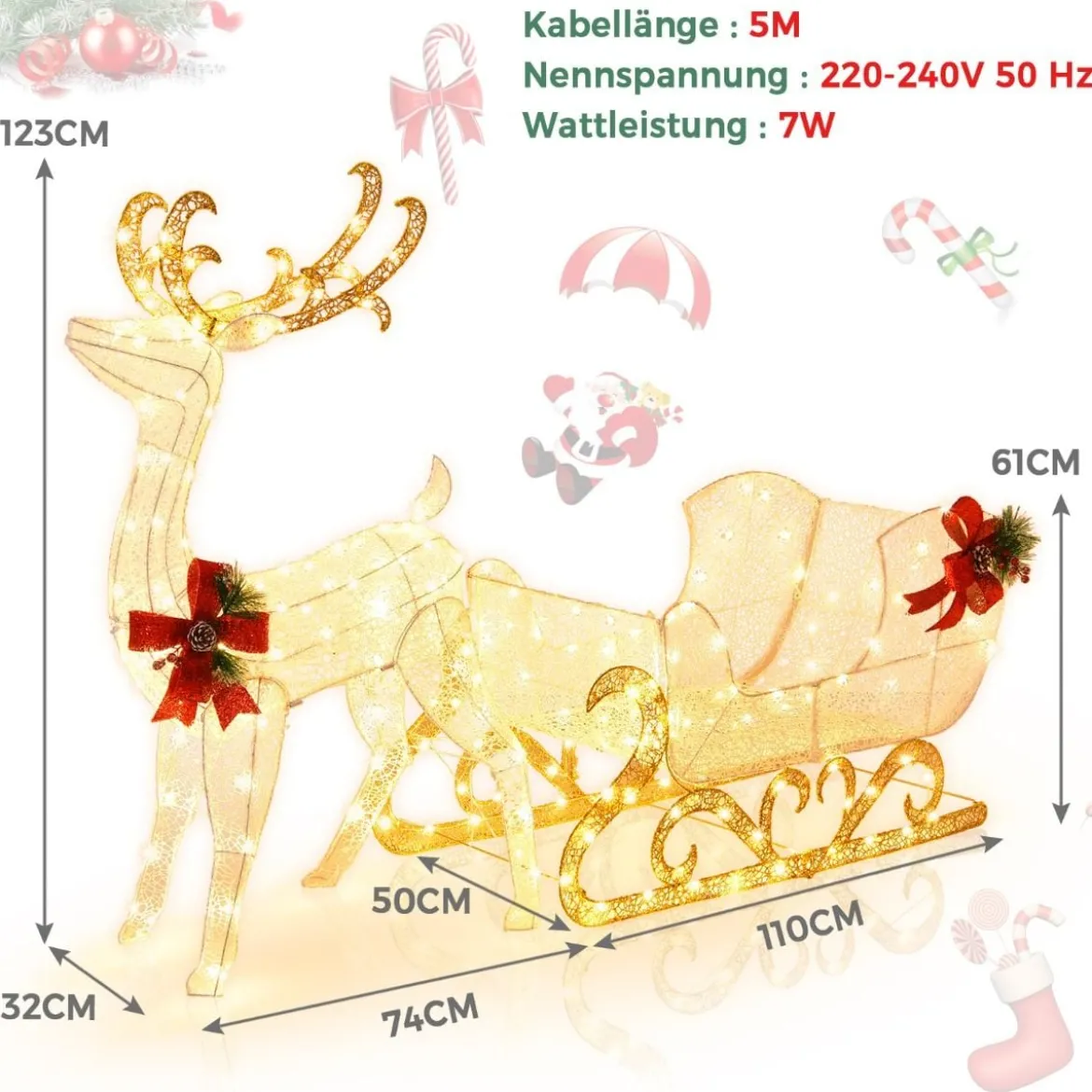 Beleuchteter Rentierschlitten mit 215 Warmweißen Glühbirnen Weihnachtsschlitten Festdekoration