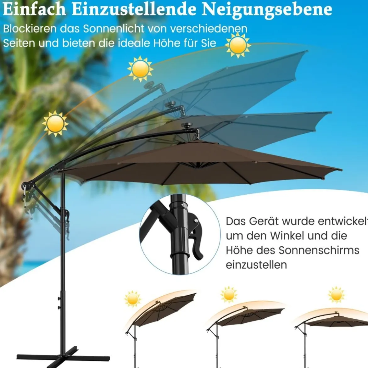 Beleuchteter Sonnenschirm mit 112 LED-Leuchten Solarbetriebener Terrassenschirm Kaffee