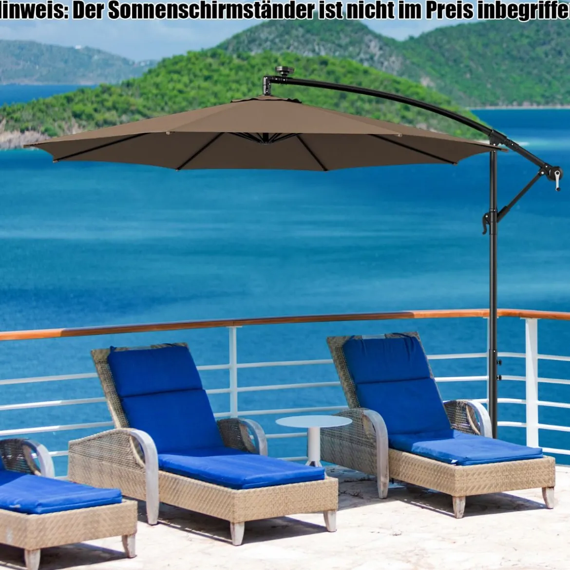 Beleuchteter Sonnenschirm mit 112 LED-Leuchten Solarbetriebener Terrassenschirm Kaffee