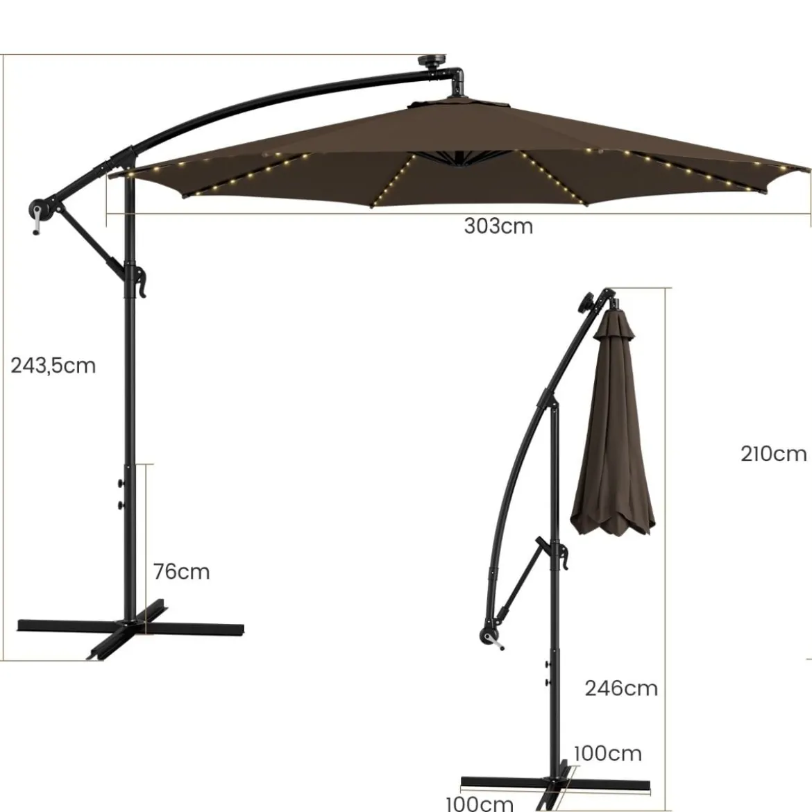 Beleuchteter Sonnenschirm mit 112 LED-Leuchten Solarbetriebener Terrassenschirm Kaffee