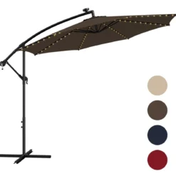 Beleuchteter Sonnenschirm mit 112 LED-Leuchten Solarbetriebener Terrassenschirm Kaffee
