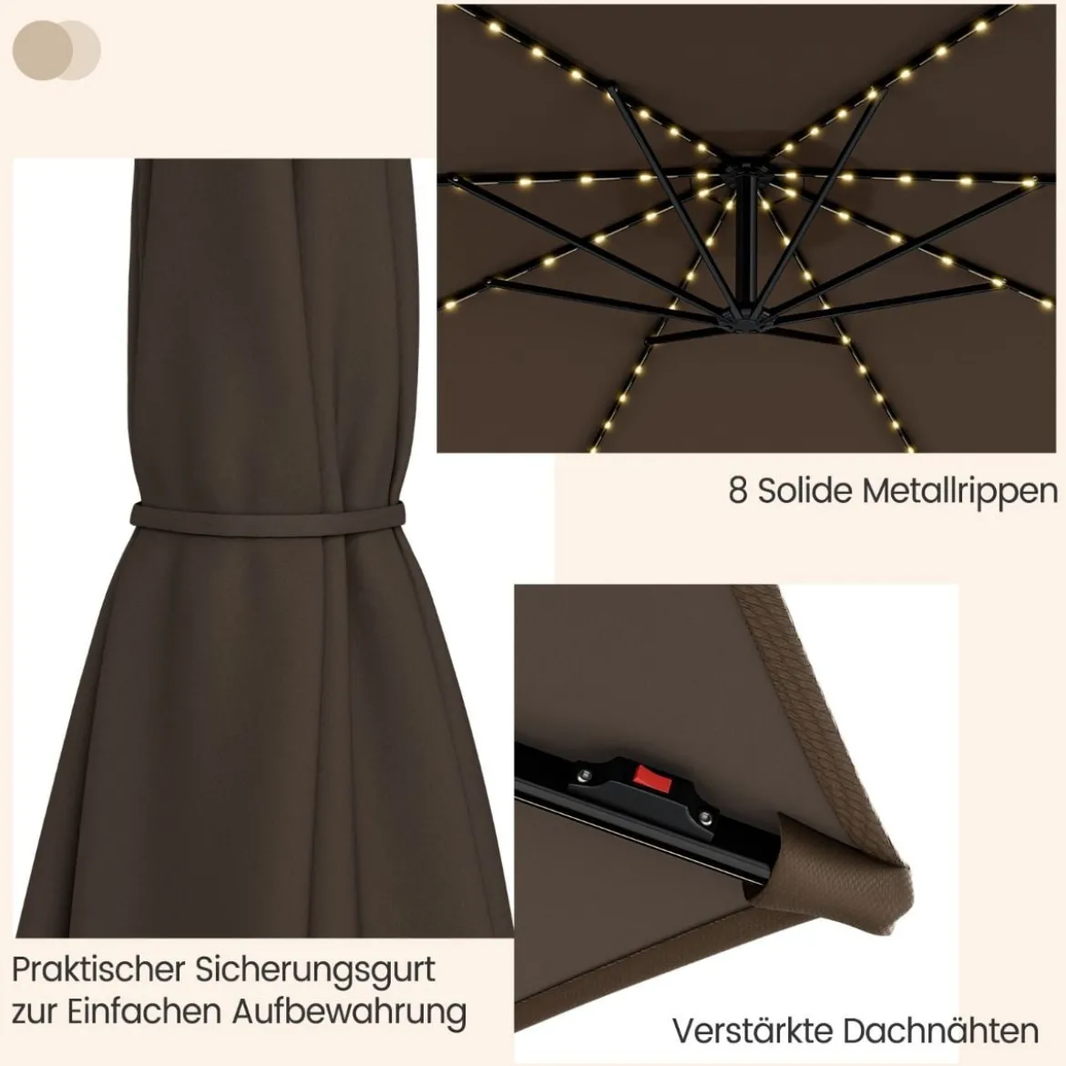Beleuchteter Sonnenschirm mit 112 LED-Leuchten Solarbetriebener Terrassenschirm Kaffee