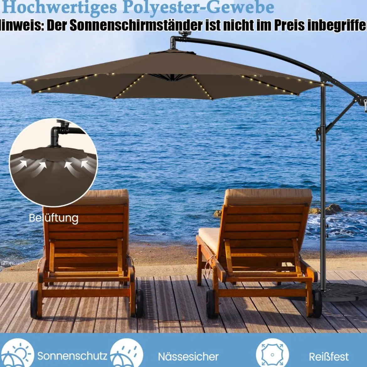 Beleuchteter Sonnenschirm mit 112 LED-Leuchten Solarbetriebener Terrassenschirm Kaffee
