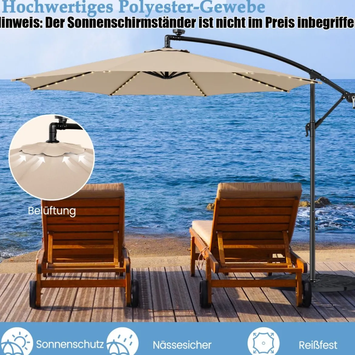 Beleuchteter Sonnenschirm mit 112 LED-Leuchten Solarbetriebener Terrassenschirm Beige