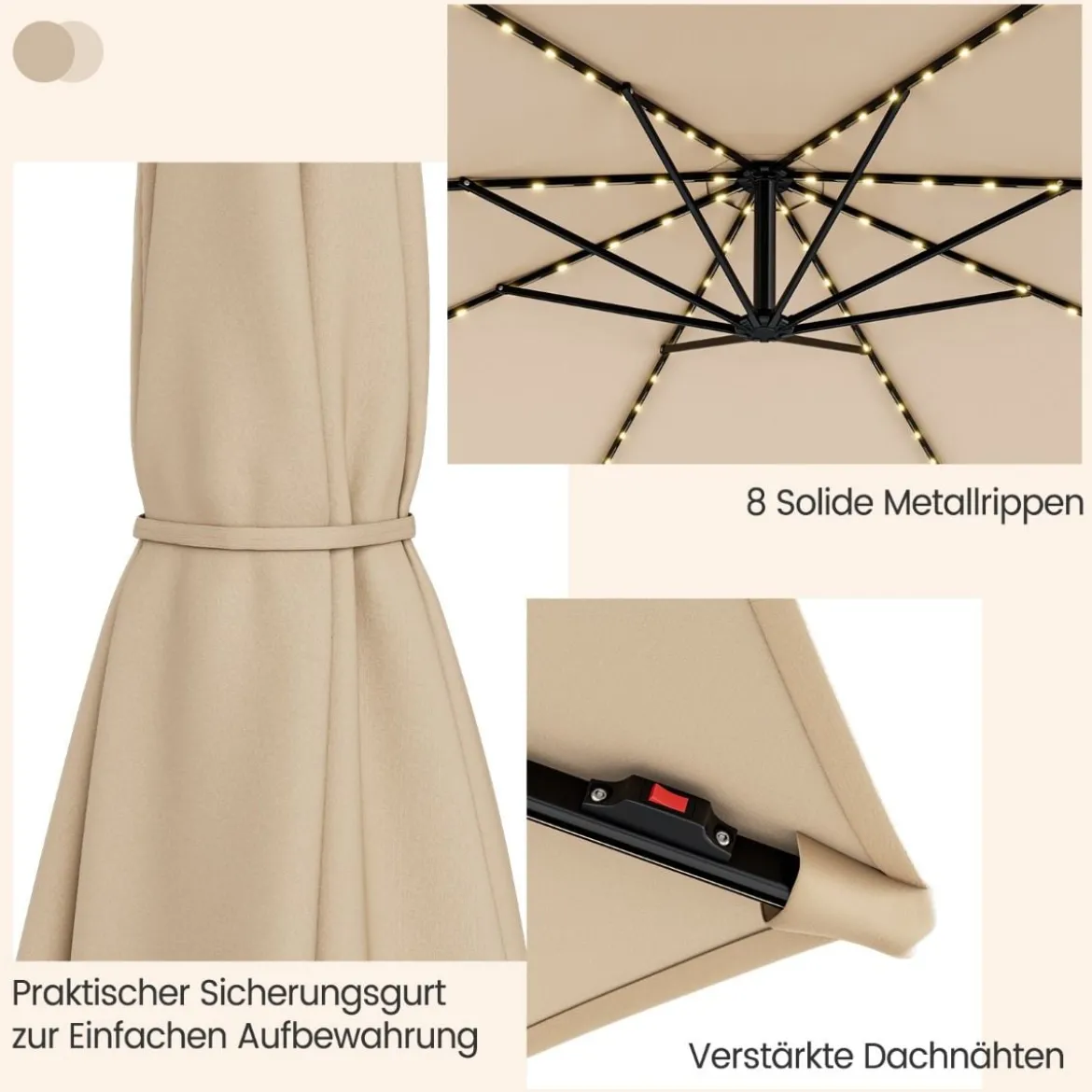Beleuchteter Sonnenschirm mit 112 LED-Leuchten Solarbetriebener Terrassenschirm Beige