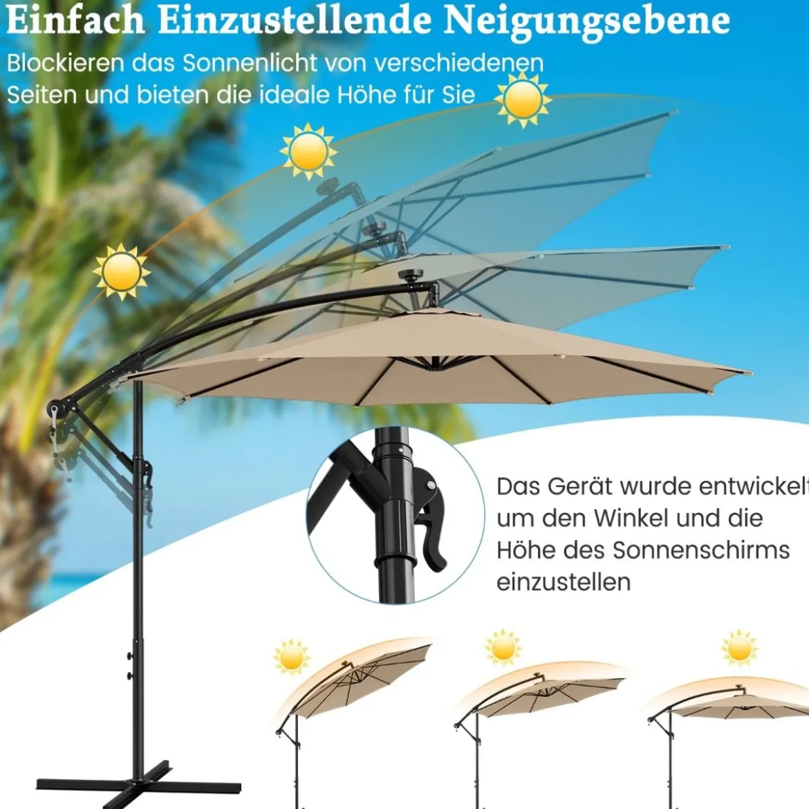 Beleuchteter Sonnenschirm mit 112 LED-Leuchten Solarbetriebener Terrassenschirm Beige