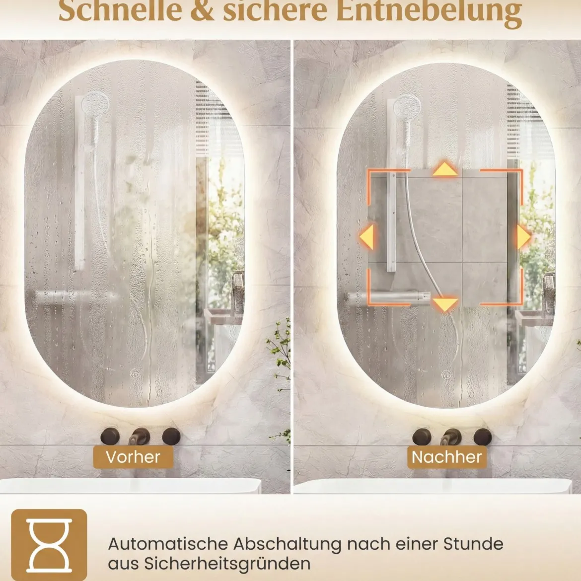 Beleuchteter Spiegel mit Dimmbarer 3-Farbtemperatur & Anti Beschlag Funktion Wandspiegel 80 x 50 cm