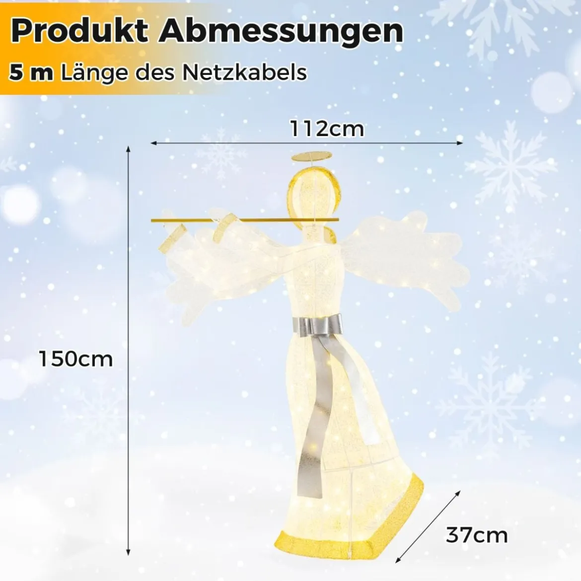 Beleuchteter Weihnachtsengel mit 100 LED-Lichtern 3-Dimensionale Engelsfigur Weihnachtsdeko