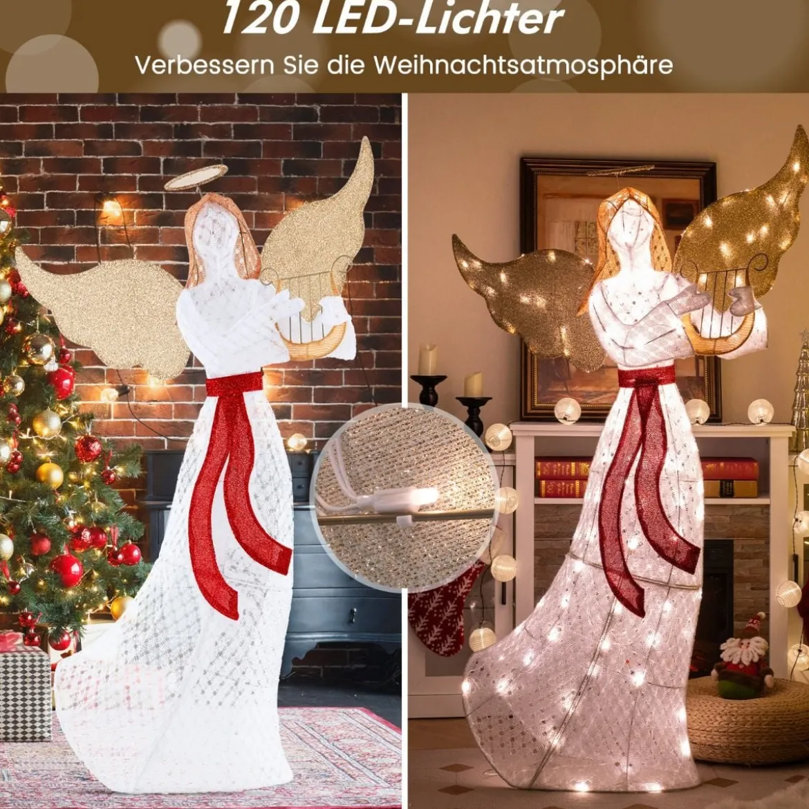 Beleuchteter Weihnachtsengel mit Harfe & 120 Warmweißen LED-Lichtern Weihnachtsdeko